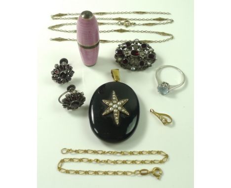 A collection of jewellery, including a Victorian mourning pendant of black enamel with seed pearl star to centre, the back wi