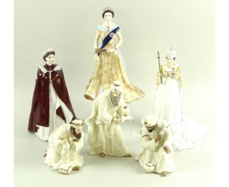 A collection of china figurines, comprising a Belleek Pottery Nativity  Collection including The Three Wise Men, Balthazar, C