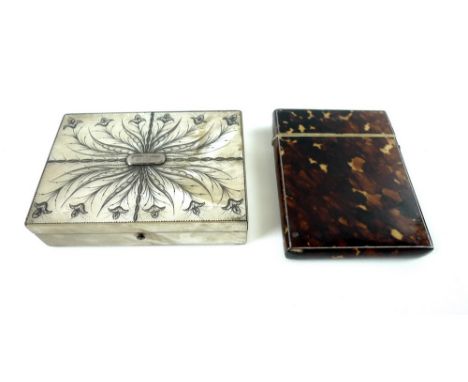 A 19th century ivory and mother of pearl trinket box, the top engraved with quartered flowing foliate design with a central w