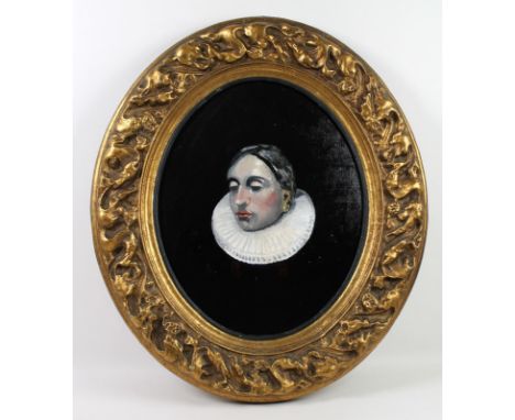 A 20th century oval portrait of a woman, possibly Spanish, dressed in black wearing a gold brooch and earrings, unsigned, oil