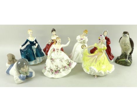 A group of Royal Doulton figurines, comprising Ninette HN2379, Denise HN2477, Southern Belle HN2229, Janine HN2461, Rachel HN