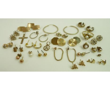 A collection of 9ct gold earrings of various designs, all post earrings, some lacking butterflies, together with an 8ct gold 