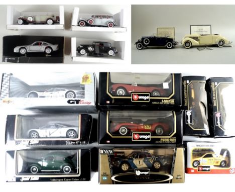 A collection of three Burago die cast models, 1/18 scale, including a Lancia Aurelia, a Ferrari 250 Testa Rossa 1957 and an A