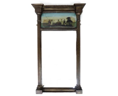 A Victorian narrow gilt framed over mantel mirror, with painted glass panel (cracked) over reeded columns flanking the rectan
