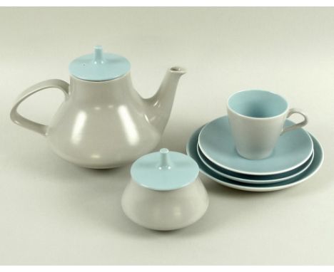 A Poole Pottery part dinner service in dove grey and bleu celeste, circa 1970, comprising six dinner plates, 23.5cm, six oval