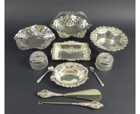 A collection of silver including four Victorian and later bon bon dishes of differing designs, all with pierced sides, one ci