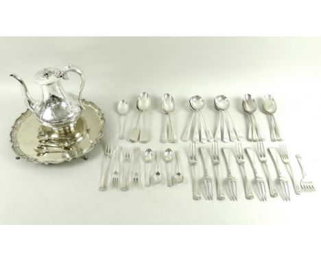 A group of silver flatware comprising two George IV fiddle pattern serving spoons, London 1830, William Eaton, monogram engra