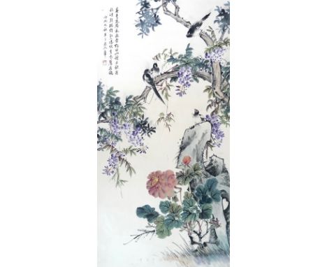 Chen Banding (Chinese, 1876-1970): Birds and Flowers, the birds sitting in a wisteria tree, a peony flowering beneath, a hang