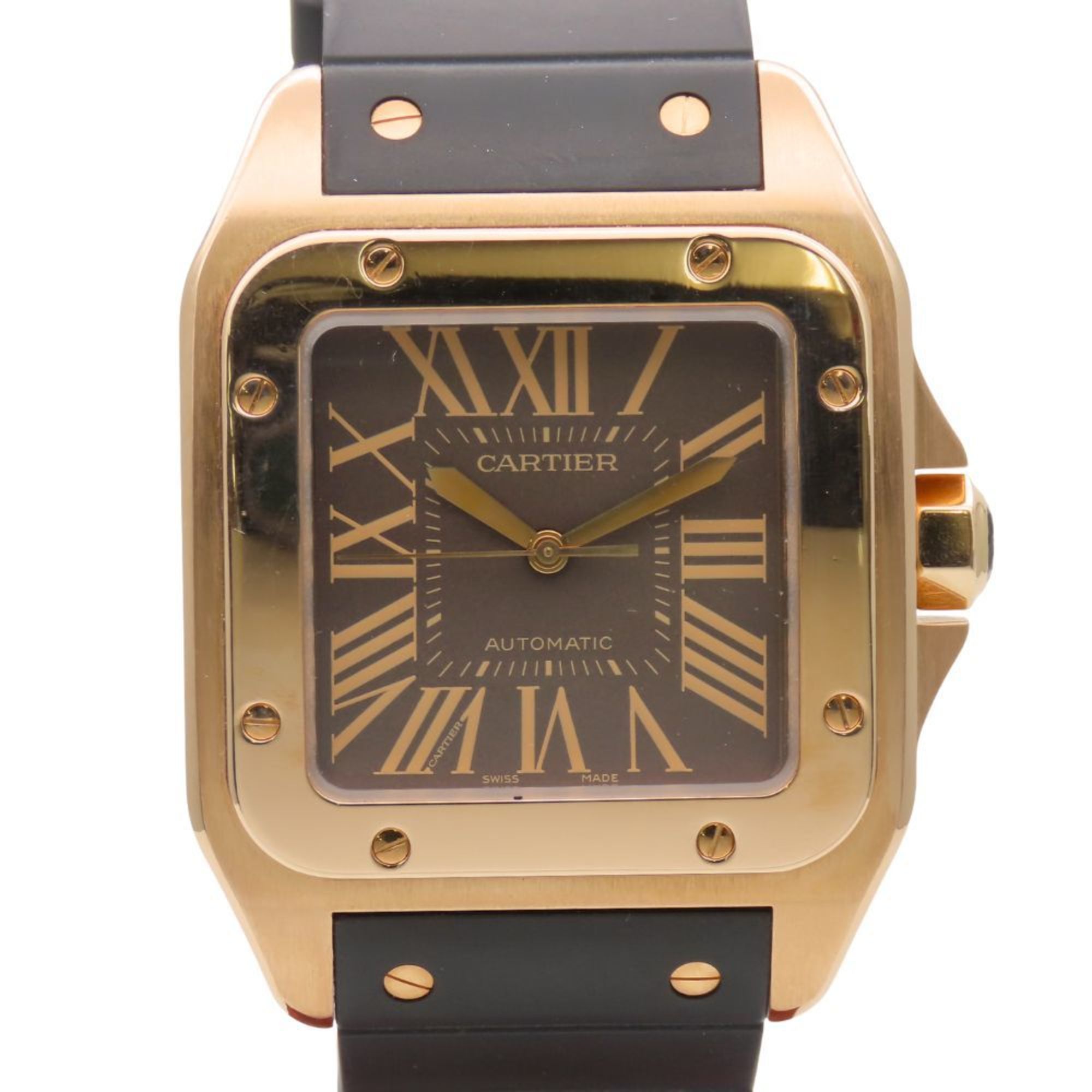 Cartier Santos 100LM Watch, 18K Gold with Rubber Case, Approx. 167g, Chocolate Black and Pink Dial,