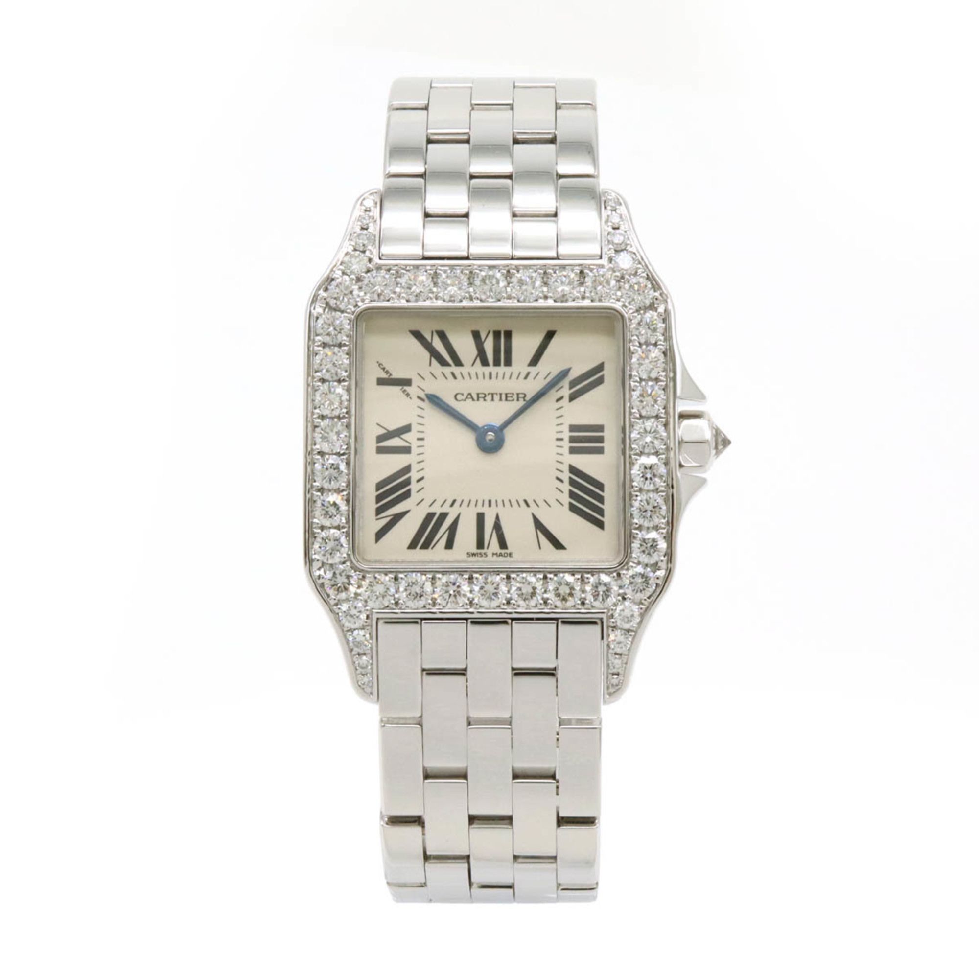 Cartier Santos de LM Bezel Diamond Silver Dial White Gold Ladies Quartz Wristwatch