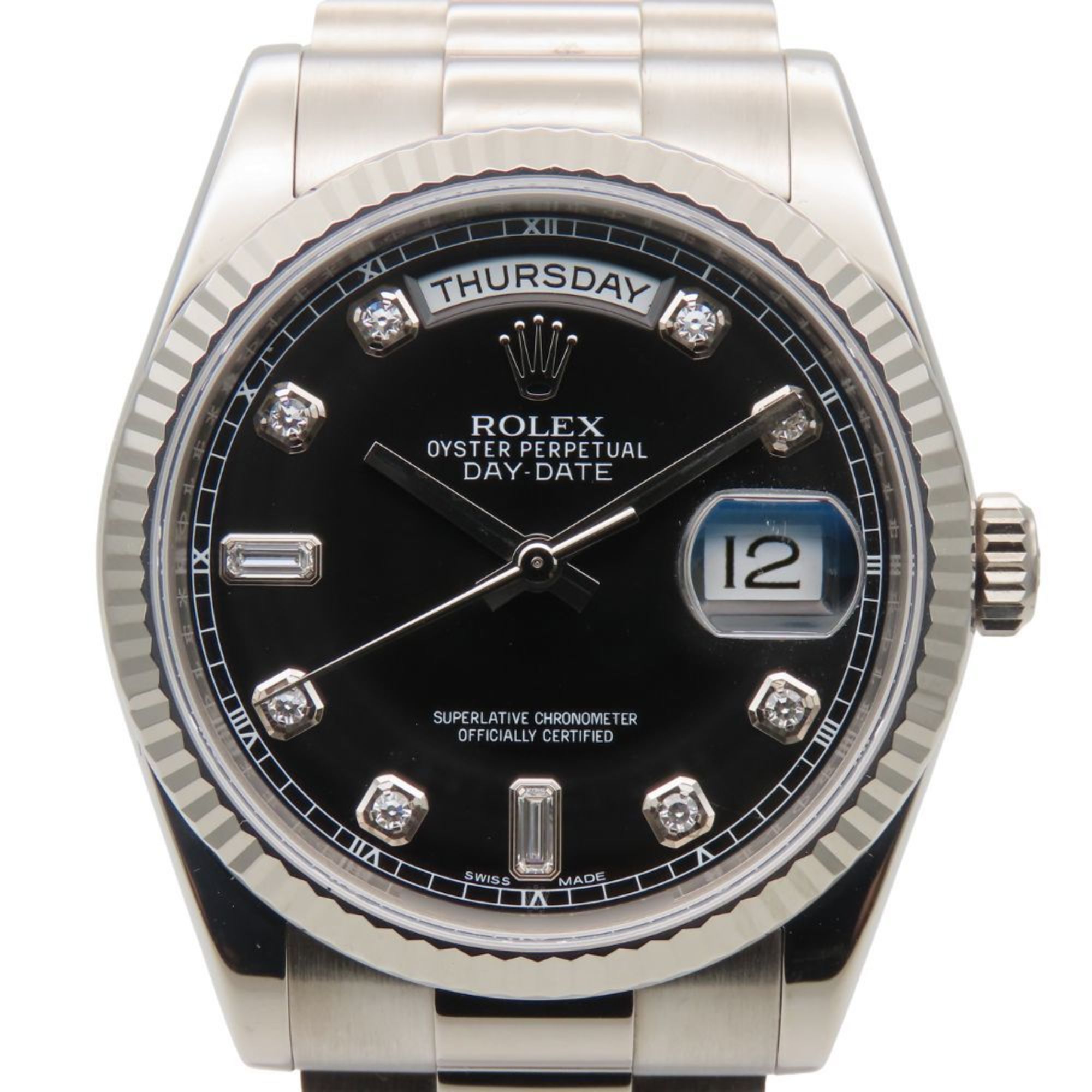 Rolex Day-Date Watch 118239A, 18K White Gold with Diamonds, Approximately 170.8g, Silver, Black Dial