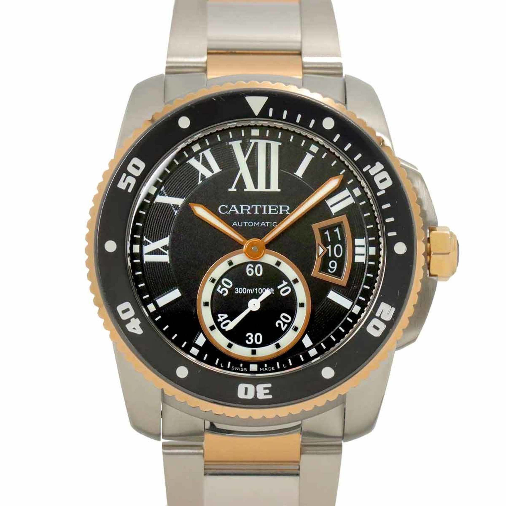 Cartier Calibre de Diver Two-Tone Watch W7100054 Men's with Date Display, Black 18K White Gold and P