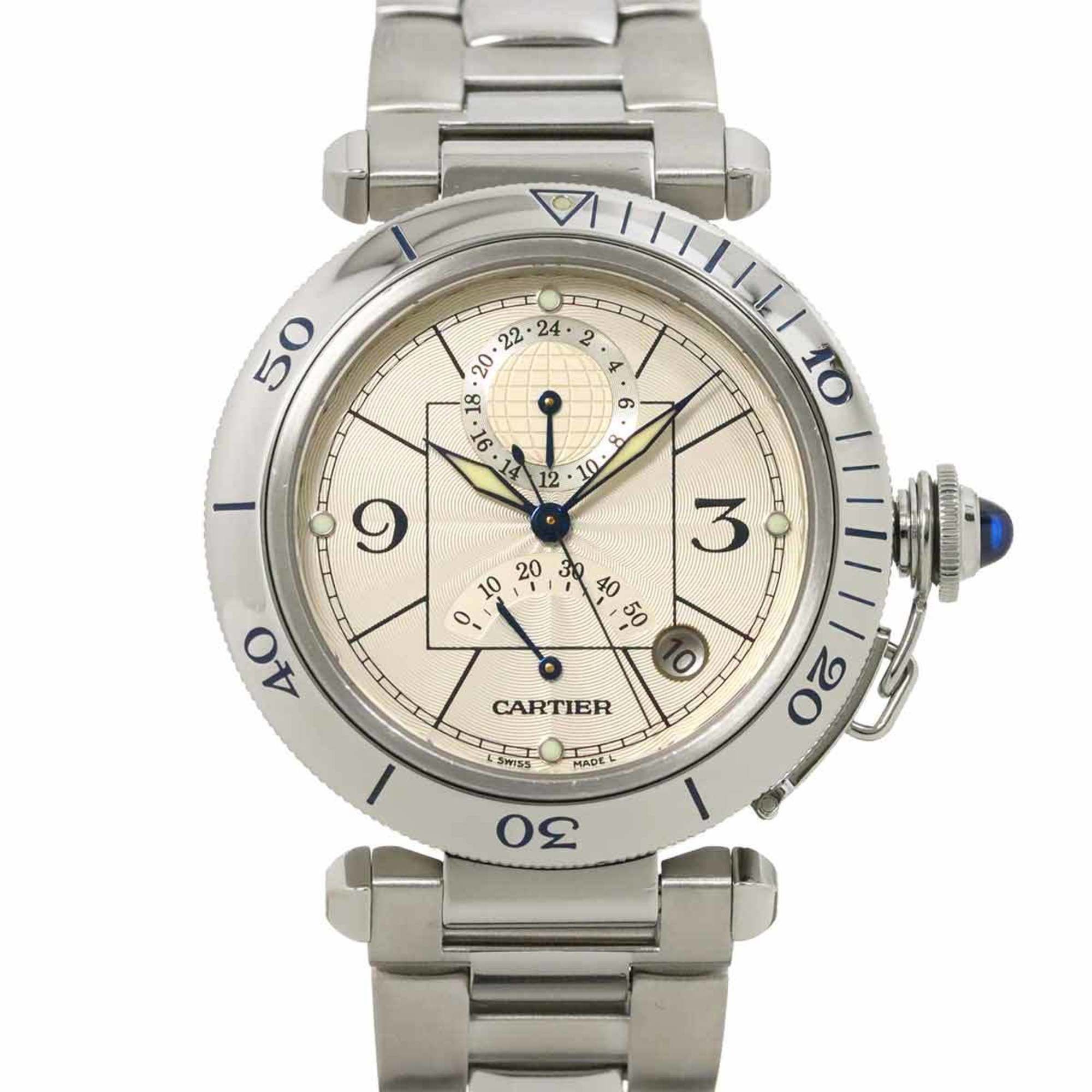 Cartier Pasha 38mm GMT W31037H3 Men's Watch Date Silver Automatic