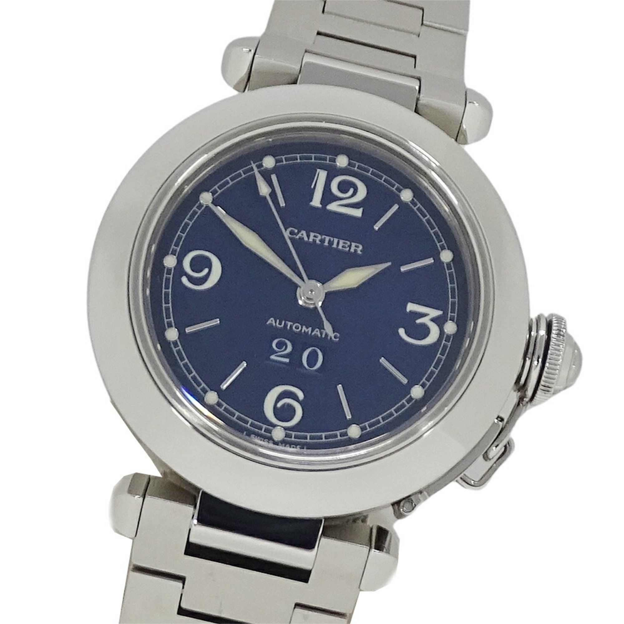 Cartier Pasha C Boys' Watch, Big Date, Automatic, Stainless Steel, W31047M7, Silver and Navy, Round,