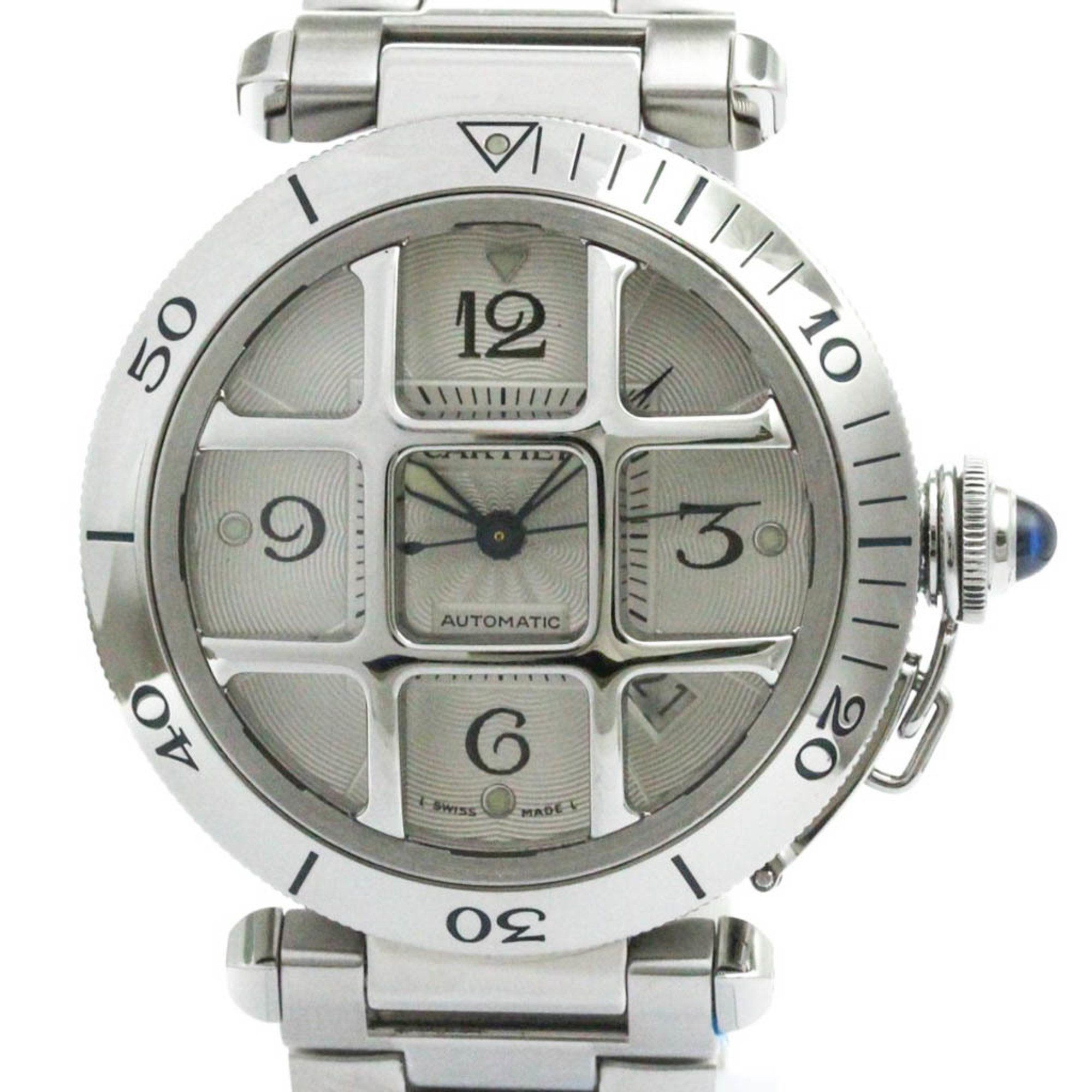 Polished CARTIER Pasha 38 Grid Steel Automatic Mens Watch W31059H3