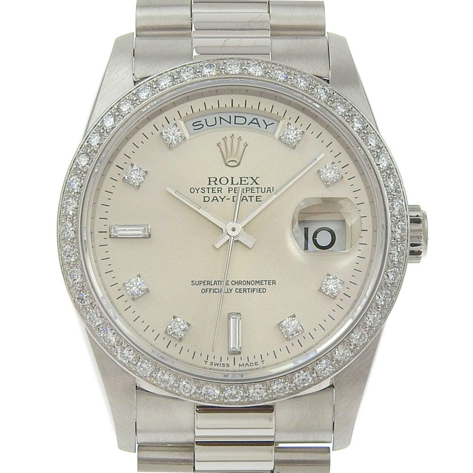 Like new Rolex ROLEX Day-Date 18346A W serial number circa 1995 Silver dial Bezel diamond Genuine 10