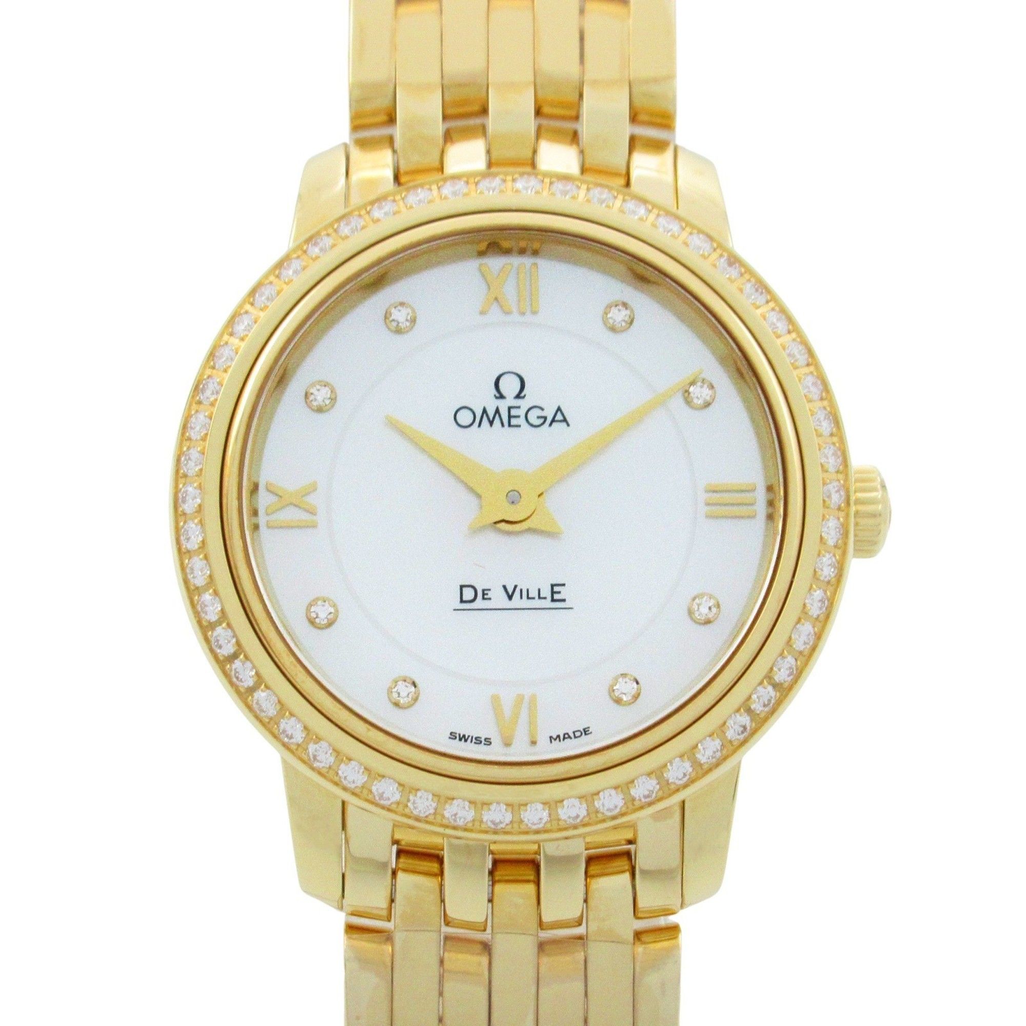 OMEGA De Ville Prestige Diamond Bezel Watch 18K Yellow Gold Ladies White Shell 424.55.24.60.55.001
