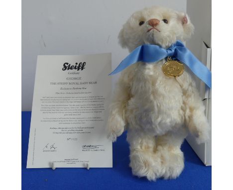 Two boxed Steiff Royal teddy bears, A Diamond Jubilee 27cm vanilla mohair complete with&nbsp;a gold&nbsp; medallion engraved 