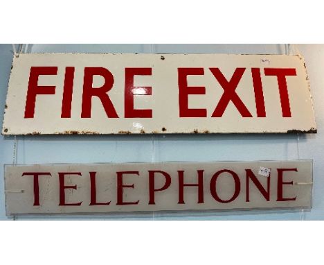 An Enamel Fire Exit Sign, red wording on white background, some rust and wear at edges and fixing holes W71cm x H20cm, togeth