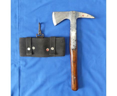 A vintage LCC fire-fighter's Axe and canvas sheath, steel blade and oak handle, marked "LCC" and "Hardman", 38cm long.&nbsp;N