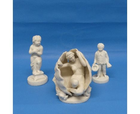 A Goss Parian Ware Figure of Aphrodite, modelled emerging from a shell enclosed by two dolphins, impressed marks,&nbsp; toget