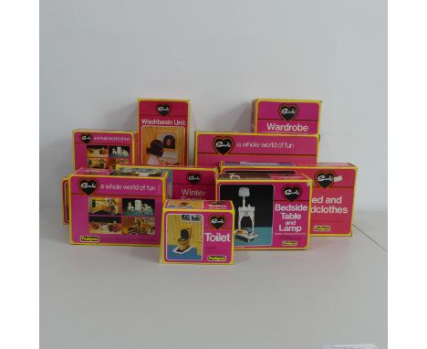 11 Boxed Sindy Accessories including: Camping Scene, Winter Sports, Rocker, Bath, Wardrobe, Toilet Horse, together with 'Litt