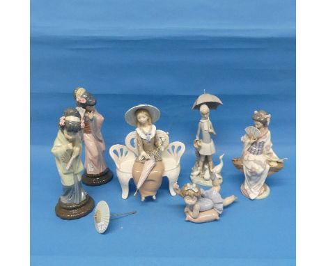 A small quantity of Lladro, to include a Geisha holding a fan, Geisha seated on bench and Geisha holding a parasol, together 