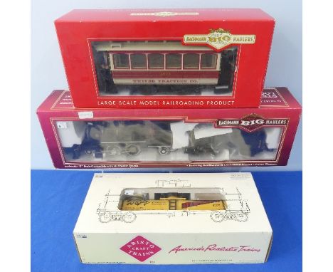 Bachmann Big Haulers G Gauge 91170 2-4-2 Steam Locomotive and Tender, black, boxed, and 93939 Closed Street Car, boxed, toget