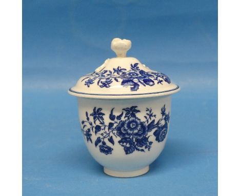 An 18thC Caughley Sucrier and Cover, with flower finial, circa 1785, printed in blue with the three flowers and butterfly pat