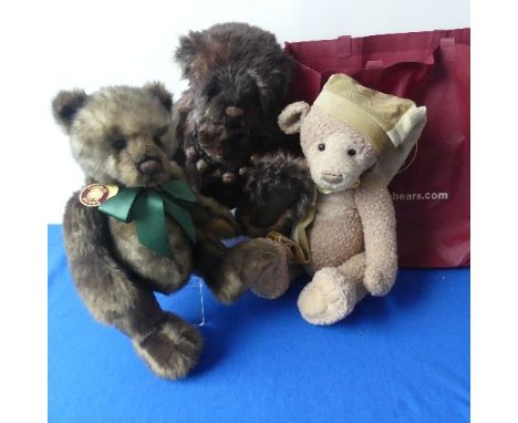 Three Charlie Bears Pat, Patrick and Figaro, Pat&nbsp;(CB121322) with bell necklace, H42cm, Patrick (CB131308) with ribbon an