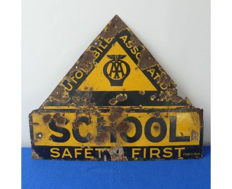 An AA Motoring School Enamel Safety First Road Sign, marked Franco signs in bottom corner, yellow and black with AA logo in c