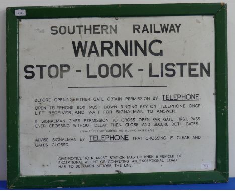 Railwayana; An original Southern Railway enamel Level Crossing Warning Sign; white enamel sign Warning Stop- Look-Listen, wit