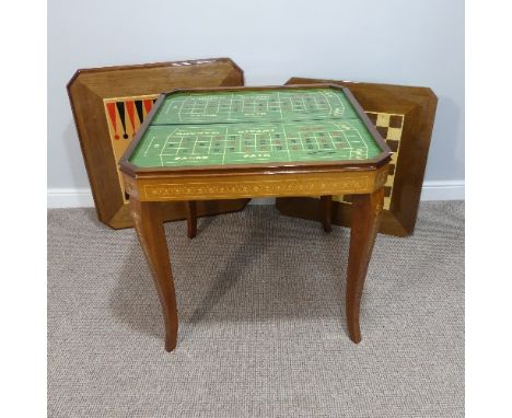 A Continental inlaid Games Table, comprising backgammon, chess, roulette etc, on square legs, W78cm x D78cm x H75cm 