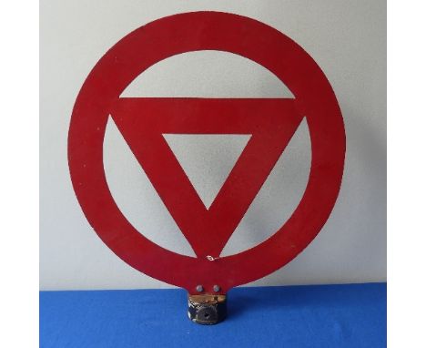 An Original pre Worboys Warning/Stop Road Sign; Large red circular post top warning sign with inset inverted triangle,&nbsp; 