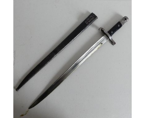 An 1886 Portuguese Bayonet and steel Scabbard,&nbsp;two piece wooden grip with studs,&nbsp; marked on the single edge blade s