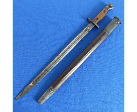 A British WWI P1907 SMLE Bayonet, with wooden grip and 42.5cm blade, in steel mounted leather scabbard, bayonet and scabbard 