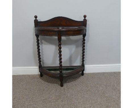 A vintage oak Stick Stand, with beaded edge and metal liner, W 58cm x D 26cm x H 76cm, together with a mahogany cased Aneroid