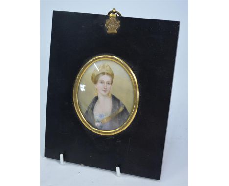 An oval portrait miniature of Queen Victoria in gilt metal-mounted ebonised frame, bears wax seals verso and labels: 'England