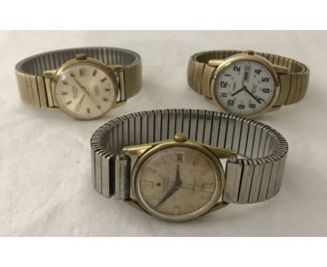 3 gents wristwatches with expanding straps. Comprising Timex Indiglo with day and date function, Catena automatic with date f