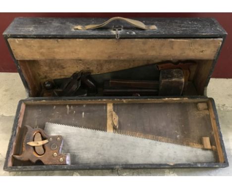 A c1940-60's carpenter's wooden toolbox & tools. To include a Henry Disston & Sons of Philadelphia saw, Stanley planes, Spear