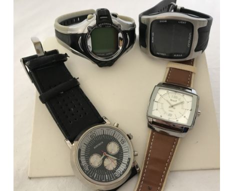 4 gents watches on stitched leather or acrylic straps. Softech triple dial watch on black leather strap, Select 12/24hr racer