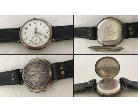 An early 20th Century silver Russian? Pocket watch converted to a wristwatch. 12 hour dial set at 3 O'clock as a drivers watc