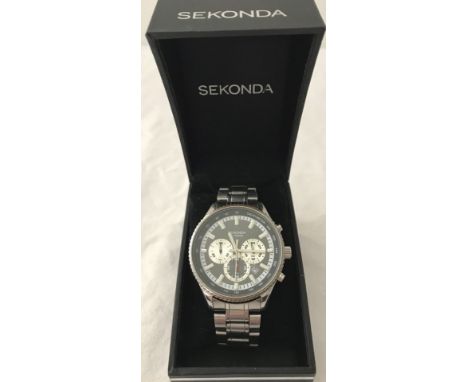 A boxed gents Sekonda chronograph watch on original stainless steel strap. Luminescent hands and batons to dial, water resist