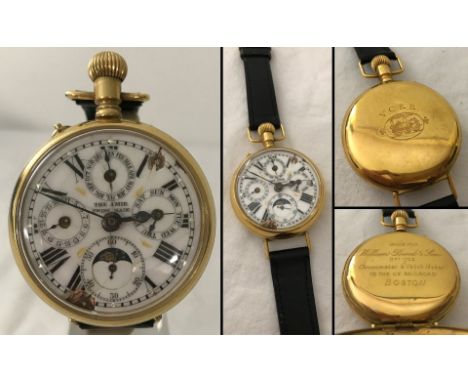 "The Amir" open face Moon phase pocket watch with complication dials, converted to a wrist watch. Inscribed inside "Made for 