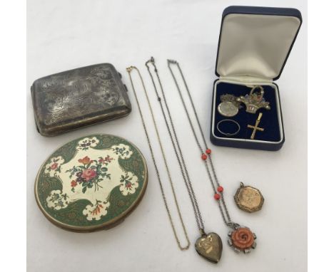 A small collection of vintage costume jewellery. Together with a Stratton compact and a silver plated cigarette case. 