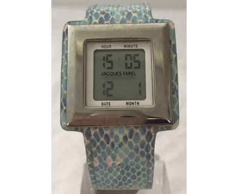 A square cased digital wrist watch by Jacques Farel. On integrated pale blue lizard effect strap. 
