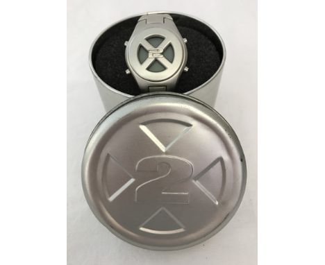 An X Men 2 Marvel / 20th Century Fox stainless steel gents wristwatch. With original promotion tin case, instruction leaflet 