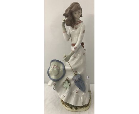 A large Nao figure " Windswept" # 0658 of a girl holding a parasol. Unboxed. Approx height 41 cm.