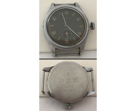 A British Military issue watch head by Timor marked with war dept. arrow. Case in ghosted stainless steel finish, dial marked