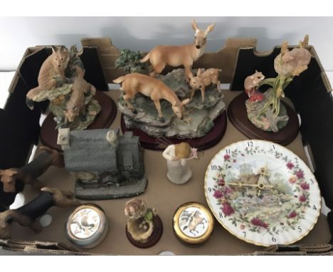 A box of assorted resin and ceramic ornaments. To include "Thinking of You" Willow Tree figurine, Royal Albert "Old Country R